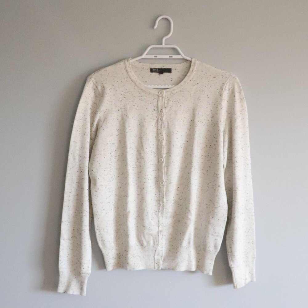 89th and Madison Womens White Sz S Speckled Crewneck Buttoned‎ Cardigan Sweater
